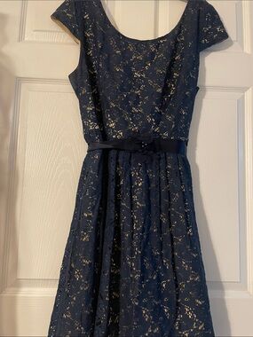 Navy Lace Fit & Flare Party Dress with Satin Belt